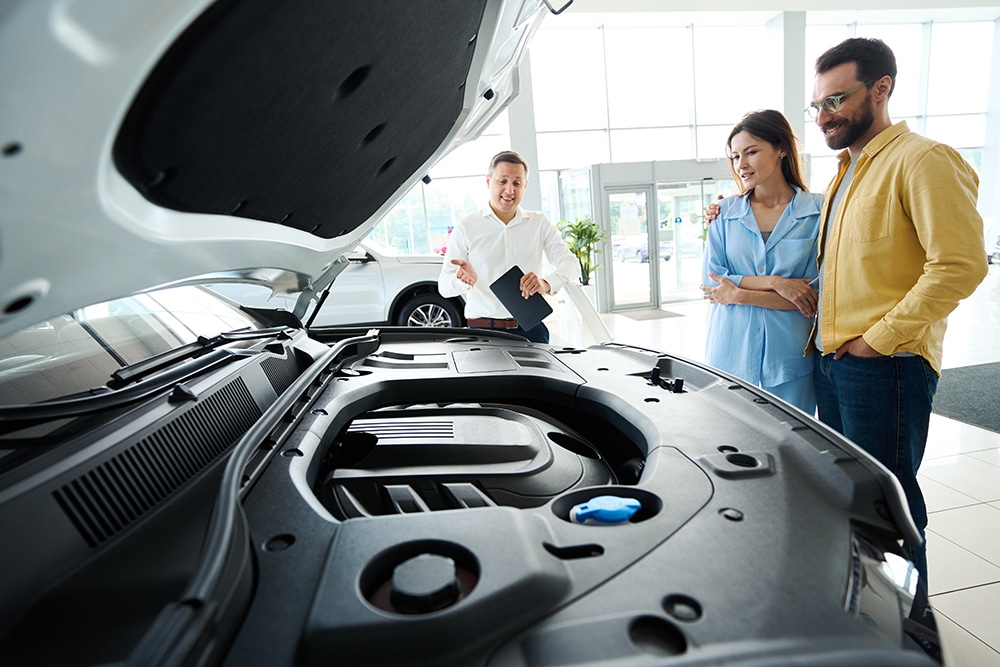 Lady and her husband choose a car at a car dealership