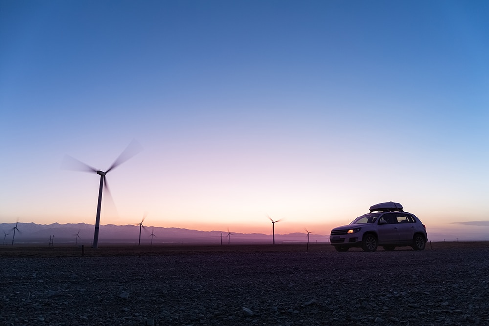 wind farm in sunset